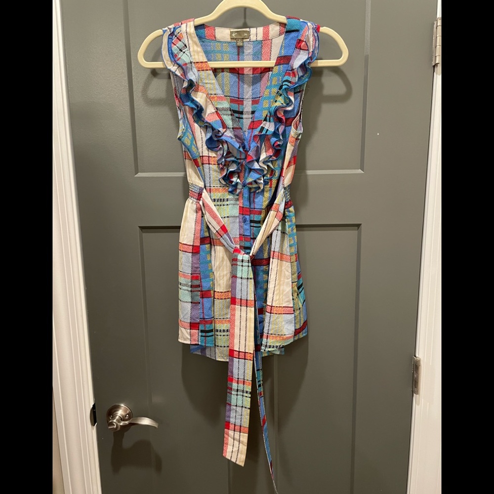 Fei 4 Anthropologie plaid sleeveless blouse belt tie and gathered back